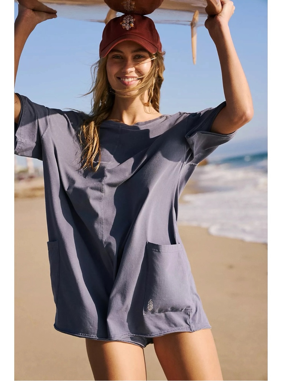 Free People Oversized Bohemian Hot Shot Tee Romper in Blue Indigo XL NWT Logo - Picture 3 of 10
